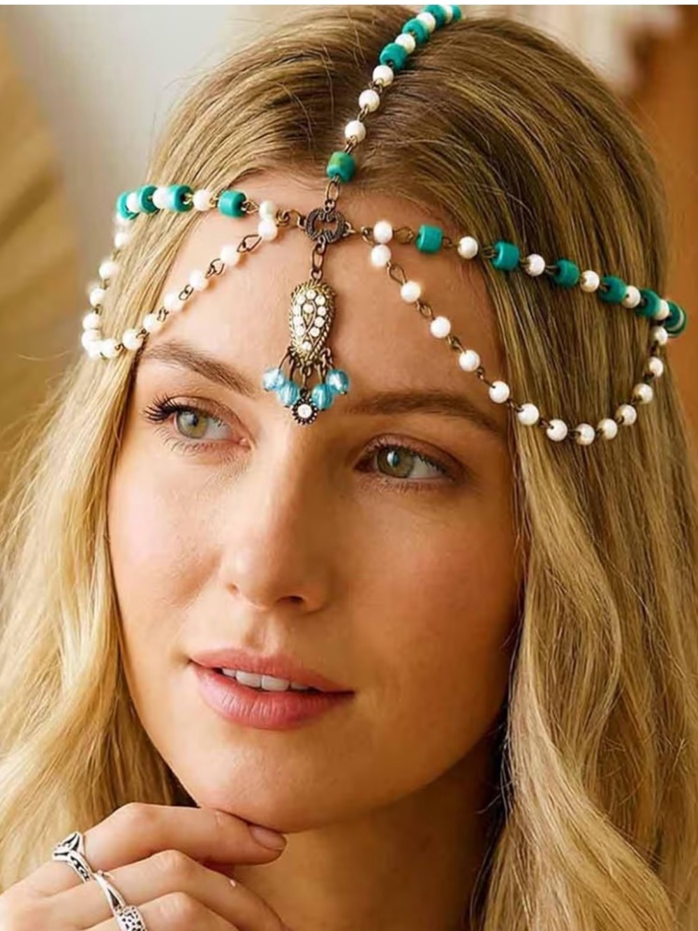 Free People Turquoise & White Beaded Head Chain with Dangle Pendant